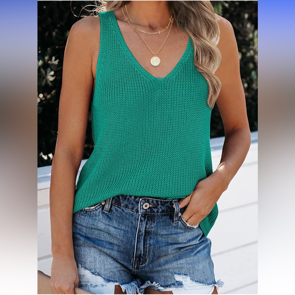 EUC Sleeveless V Neck Sweater Vest Knitted Loose Cami Tank Tops in Lake Blue